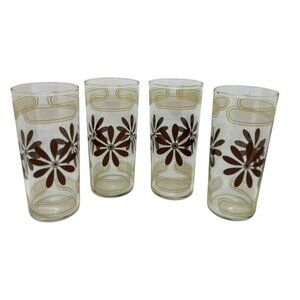 VTG MCM Brown Daisy Glass Tumblers | Set of 4, Gold Geometric Design, 6" Retro